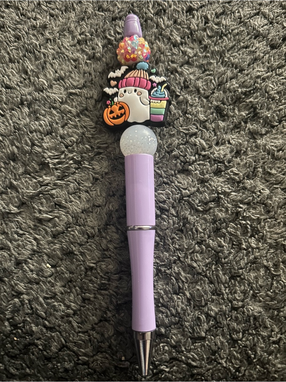 Hand Crafted Lilac Ghost Charm Pen with Pumpkin and Glitter Orb